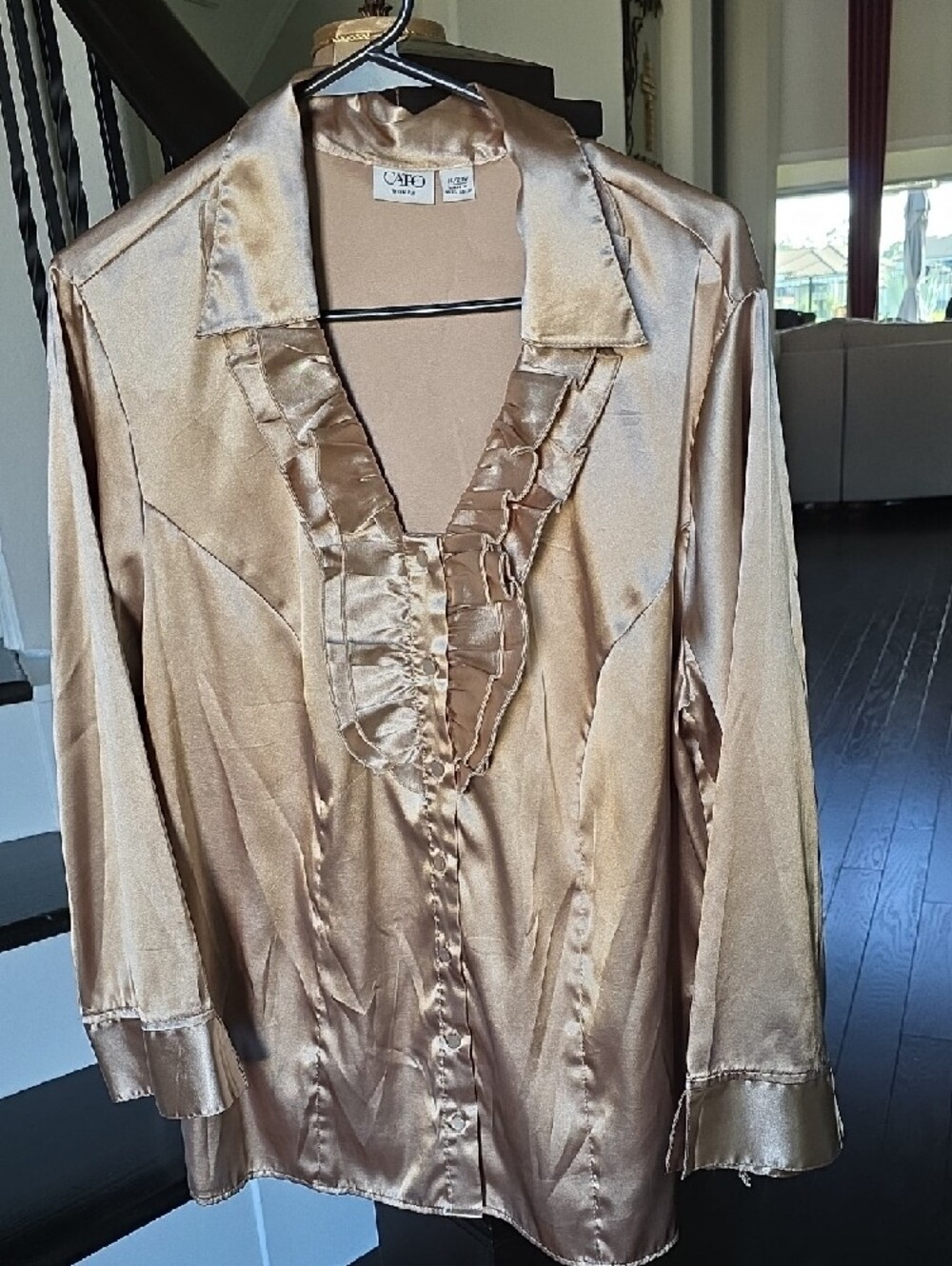 Cato Shimmery Gold Ruffle-Front Satin Blouse - Picture 8 of 13
